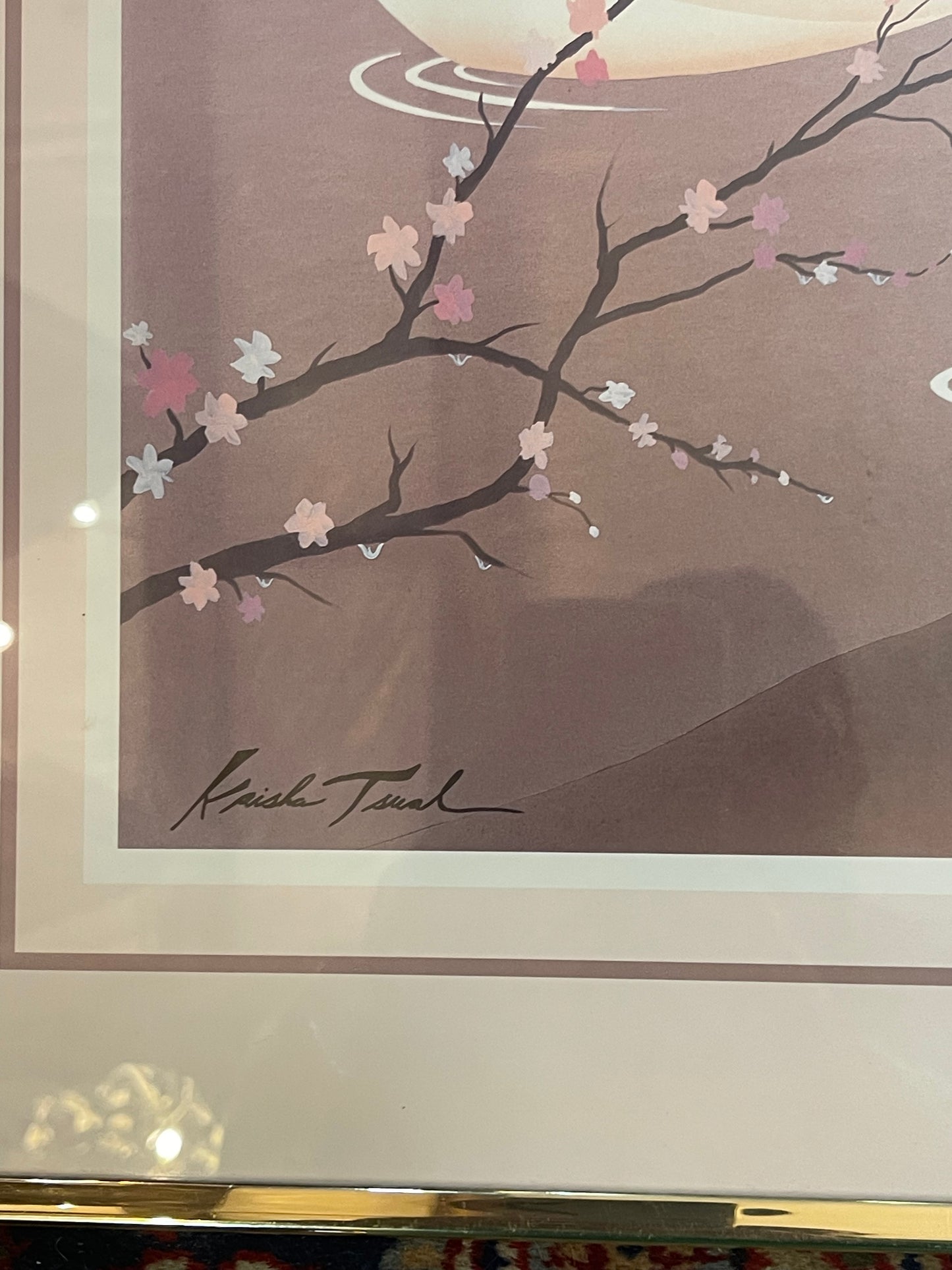 Vintage 1980's Kaisha Tsual lithograph print Swan In Flight framed artwork
