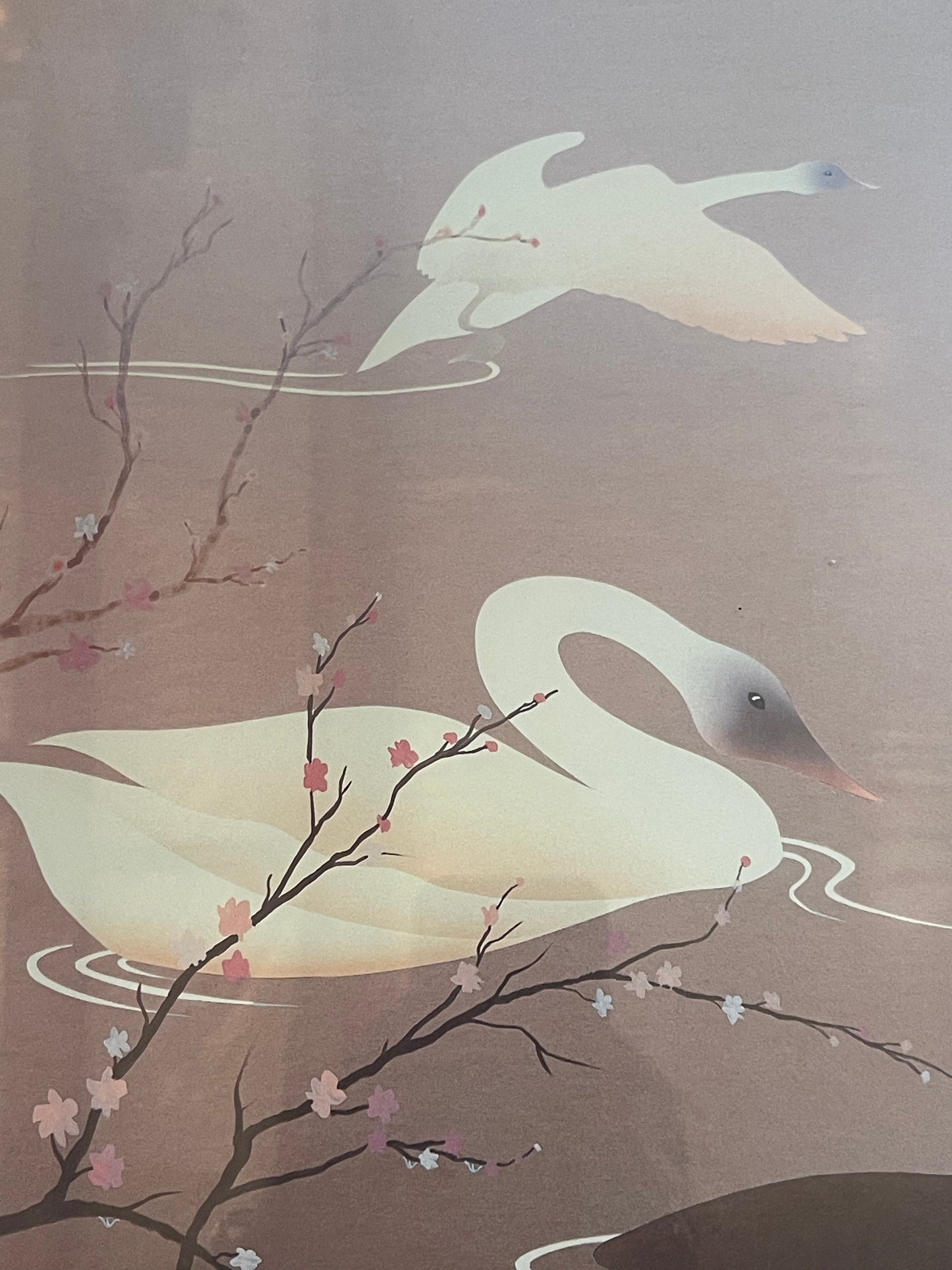 Vintage 1980's Kaisha Tsual lithograph print Swan In Flight framed artwork
