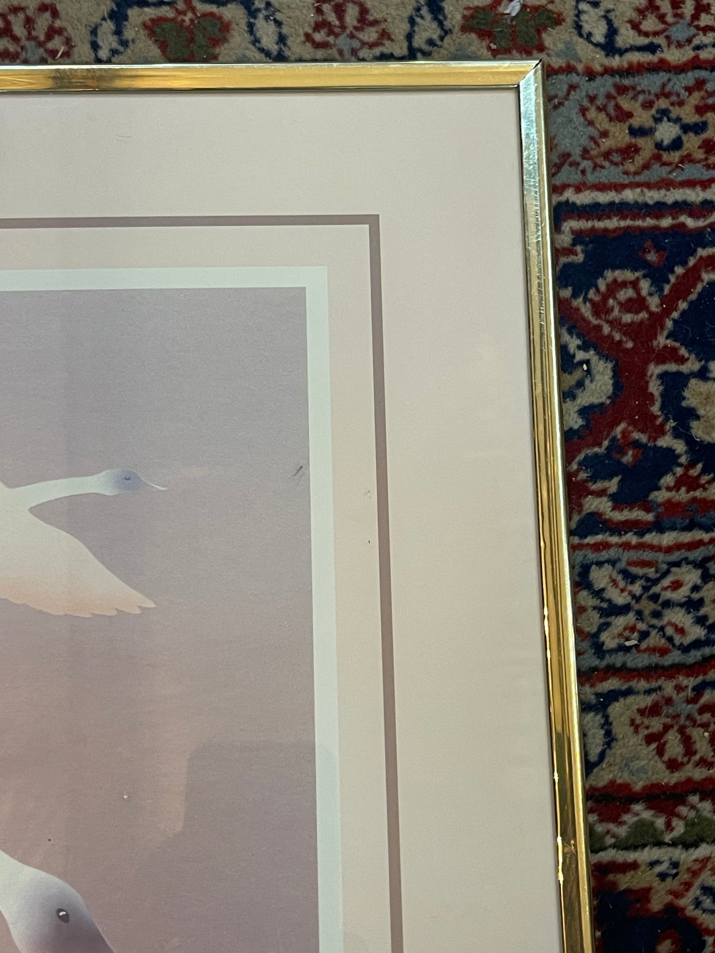Vintage 1980's Kaisha Tsual lithograph print Swan In Flight framed artwork
