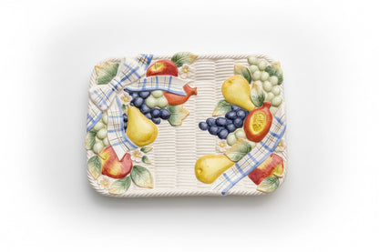 Vintage Fitz and Floyd Omnibus Ceramic fruit basket weave bow rectangular platter 14x10" CSSB