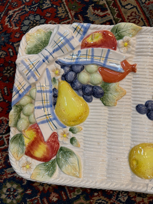Vintage Fitz and Floyd Omnibus Ceramic fruit basket weave bow rectangular platter 14x10" CSSB