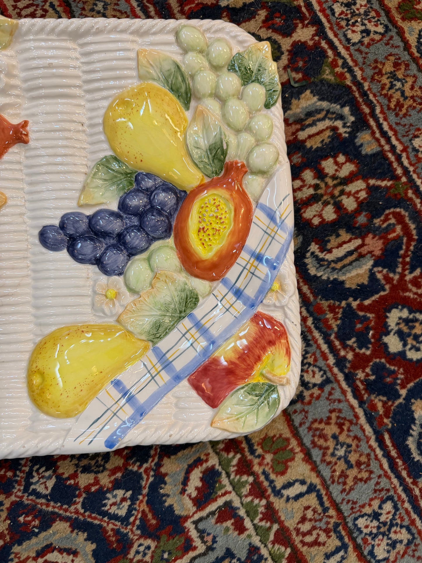 Vintage Fitz and Floyd Omnibus Ceramic fruit basket weave bow rectangular platter 14x10" CSSB