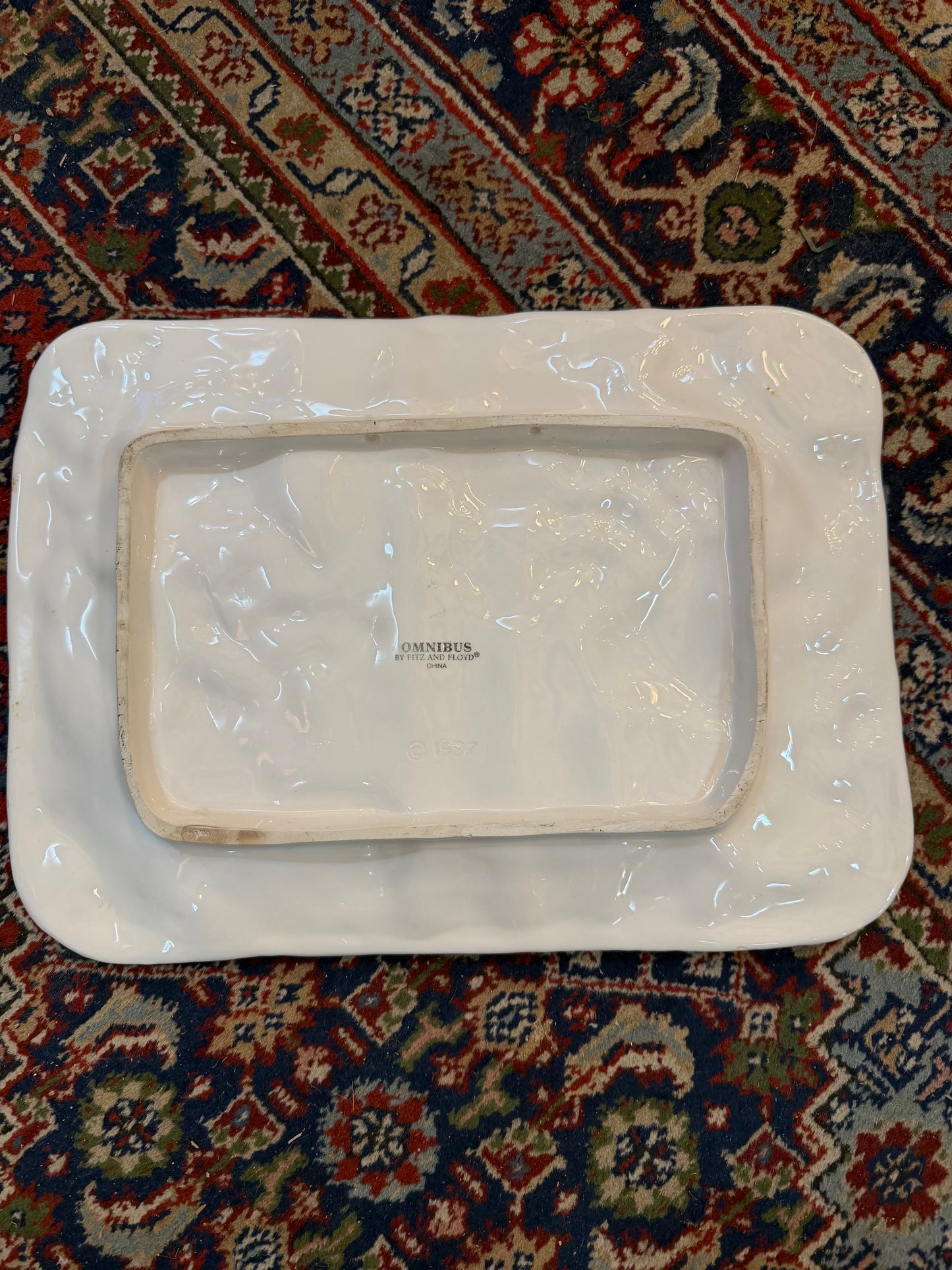 Vintage Fitz and Floyd Omnibus Ceramic fruit basket weave bow rectangular platter 14x10" CSSB