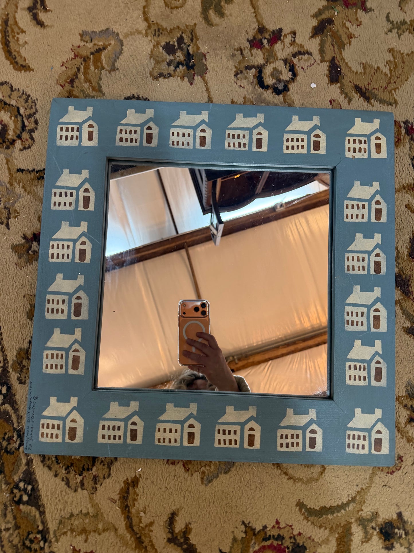 Pennsylvania Folk Art Quilt Design Stenciled Mirror 18x18 P.B. Schad 1875 CSSB