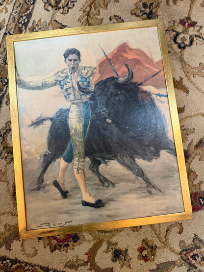 Vintage Matador and Bull Oil Painting Signed J. Reus 21.5x17.5" CSSB