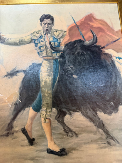 Vintage Matador and Bull Oil Painting Signed J. Reus 21.5x17.5" CSSB