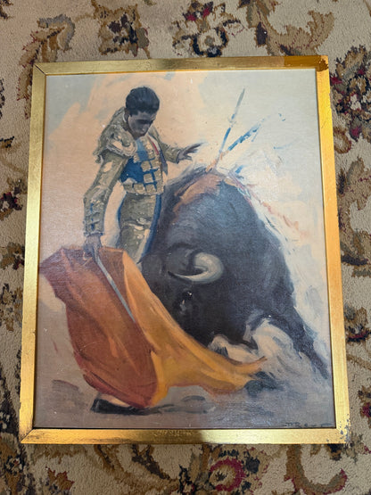 Vintage Matador and Bull Oil Painting Signed J. Reus 21.5x17.5" CSSB