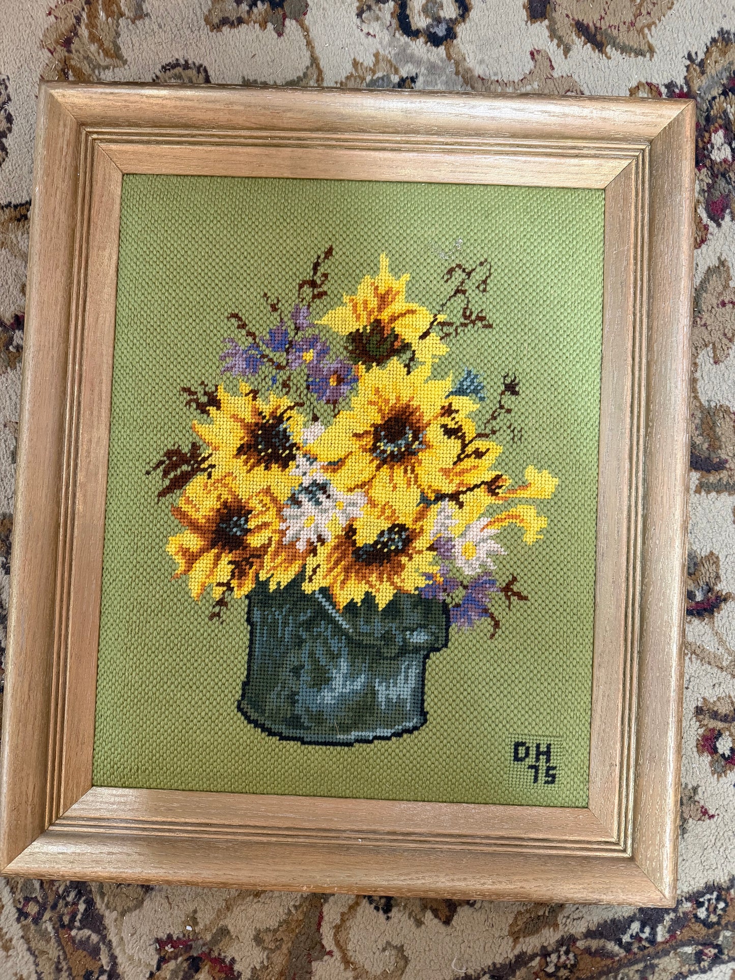 Vintage Needlepoint folk art sunflower still life signed and numbered framed art 21.5x18" CSSB