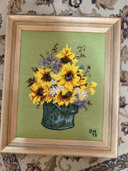 Vintage Needlepoint folk art sunflower still life signed and numbered framed art 21.5x18" CSSB