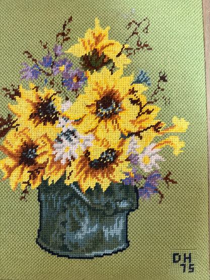 Vintage Needlepoint folk art sunflower still life signed and numbered framed art 21.5x18" CSSB