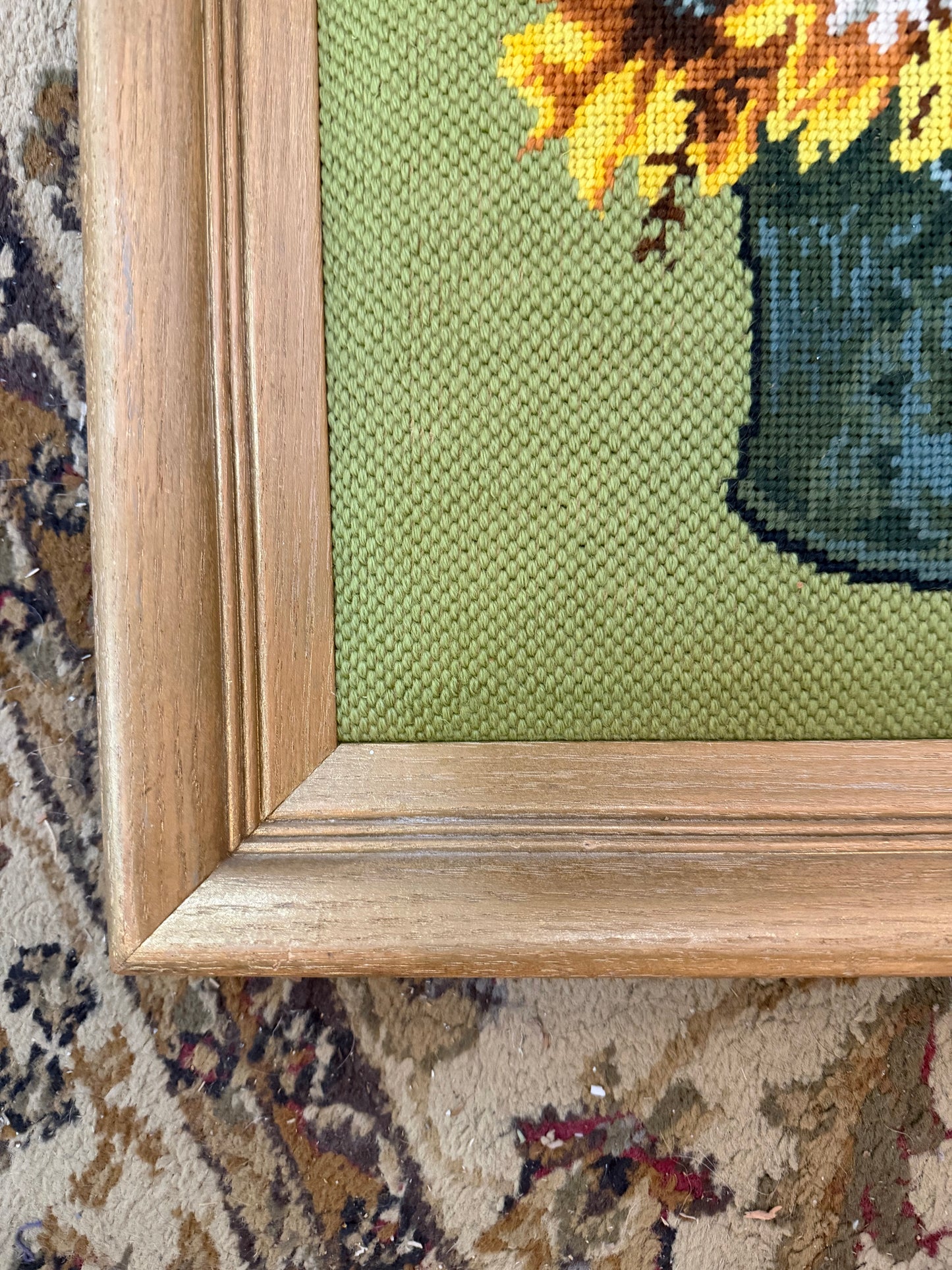 Vintage Needlepoint folk art sunflower still life signed and numbered framed art 21.5x18" CSSB
