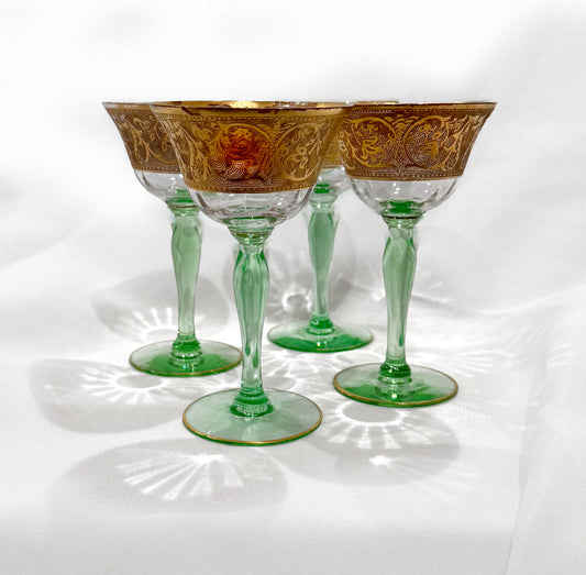 Uranium glass green & etched gold glasses cs