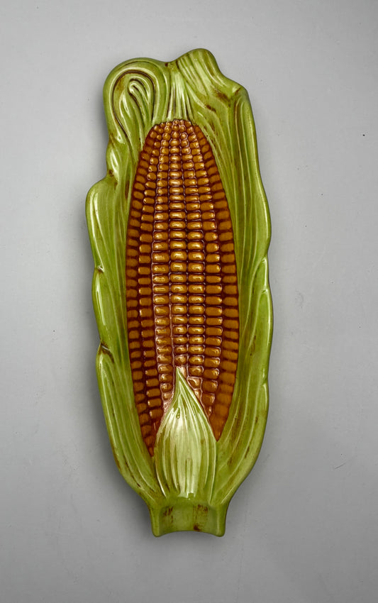 Vintage Ceramic Corn on the Cob Serving Dish, Hand-Painted Majolica Corn Husk Platter CSHW