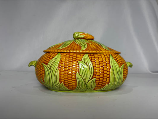 Vintage Majolica Corn Tureen with Lid - Ceramic Vegetable Serving Bowl, Thanksgiving & Fall Table Decor CSHW