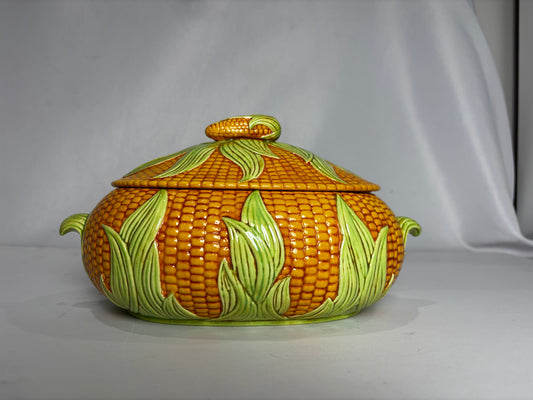 Vintage Majolica Corn Tureen with Lid - Ceramic Vegetable Serving Bowl, Thanksgiving & Fall Table Decor CSHW