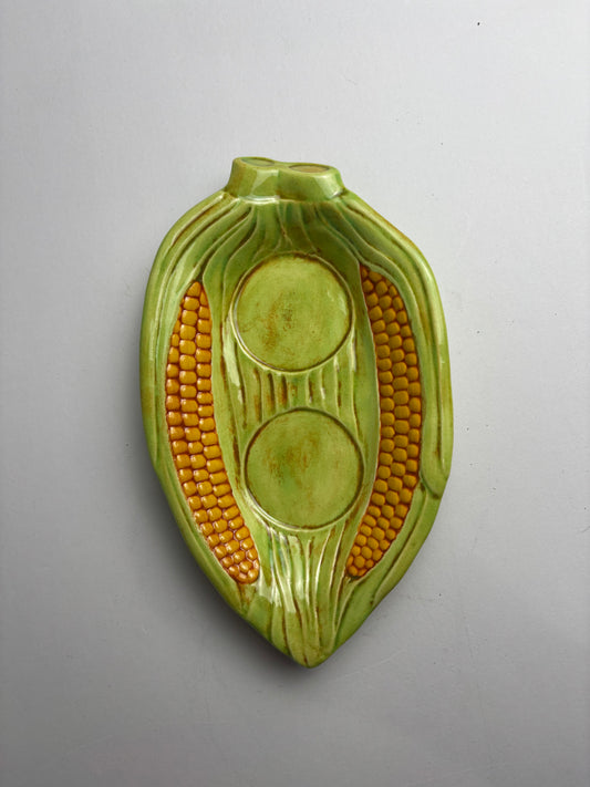 Vintage Ceramic Corn Cob Dish Green Glazed Pottery Corn Server 1971 Signed KF CSHW