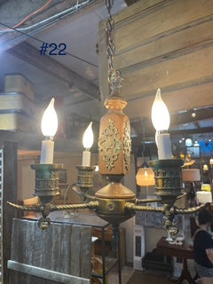 Vintage MCM Wood and Brass four Arm Chandelier