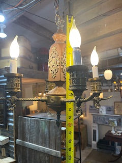 Vintage MCM Wood and Brass four Arm Chandelier