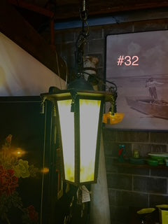 1920's Church Pendant Light with Slag Glass and Metal Tassels