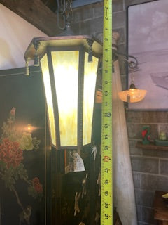 1920's Church Pendant Light with Slag Glass and Metal Tassels