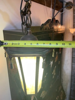 1920's Church Pendant Light with Slag Glass and Metal Tassels