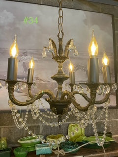 Vintage Petit French Empire Style Brass and Crystal Chandelier