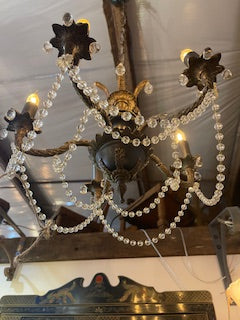 Vintage Petit French Empire Style Brass and Crystal Chandelier