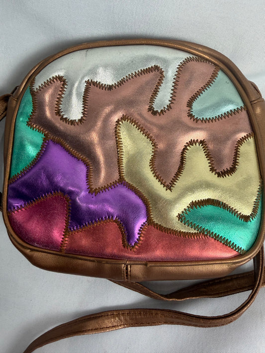 Vintage 1970's Via Moda patchwork metallic colorful bronze crossbody purse bag CSHW