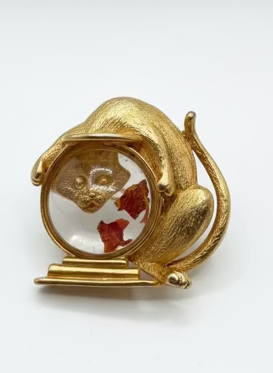 JJ Vtg Cat&Fish Bowl Brooch CSBH