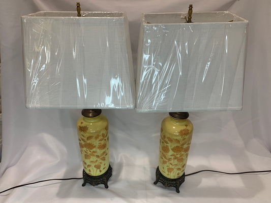Pair of Vintage Floral Yellow Glass Lamps