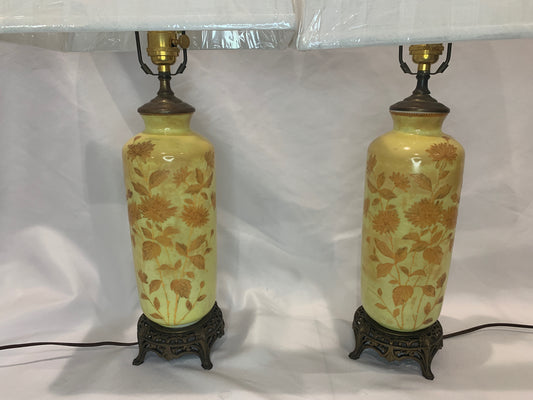 Pair of Vintage Floral Yellow Glass Lamps