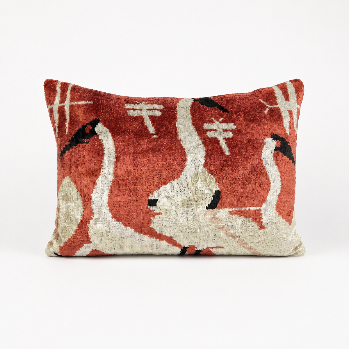 Handmade Coral Crane Ikat Velvet Lumbar Pillow