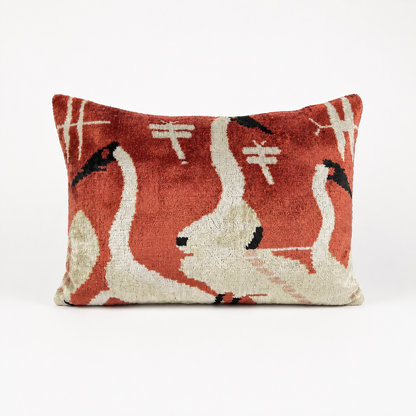 Handmade Coral Crane Ikat Velvet Lumbar Pillow
