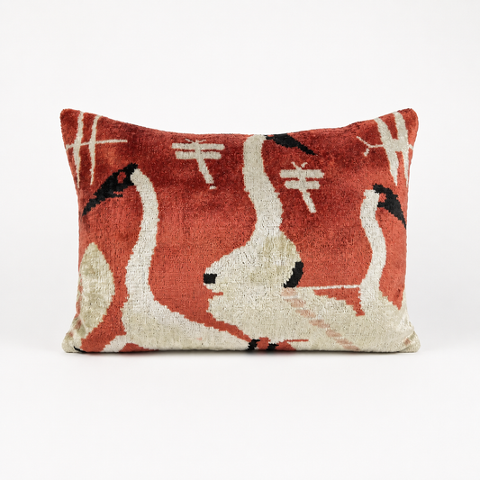 Handmade Coral Crane Ikat Velvet Lumbar Pillow