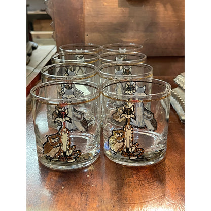 Vintage Culver 22K MCM Mid-Century Modern cat and owl low ball glass set of 8