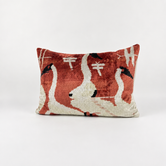 Handmade Coral Crane Ikat Velvet Lumbar Pillow