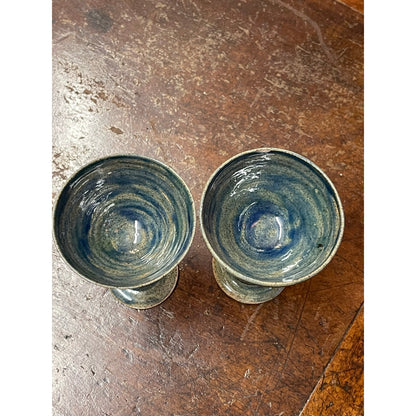 Handmade unsigned Pottery spiral stem goblet chalice cup pair