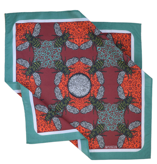 Honeybee Bandana - 100% Cotton - Red and Teal - Hand Printed