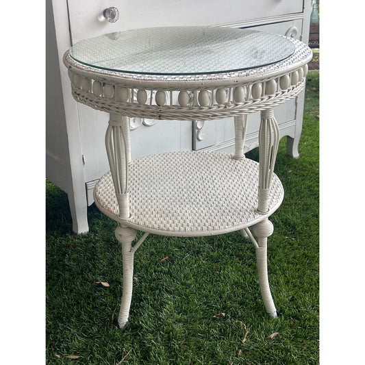 Vintage glass top wicker side table