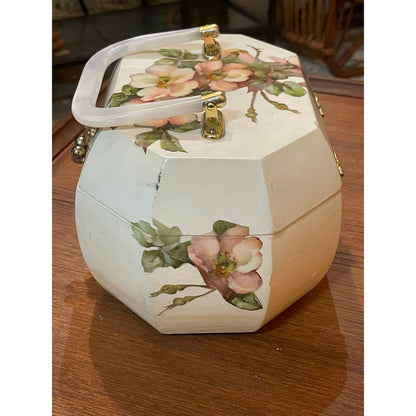 Vintage 1976 Signed Decoupage lucite handle pink velvet lined jewelry box purse