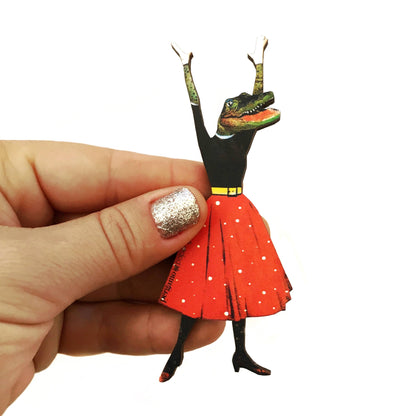 Alligator Lady Wood Magnet - Vintage style animal art