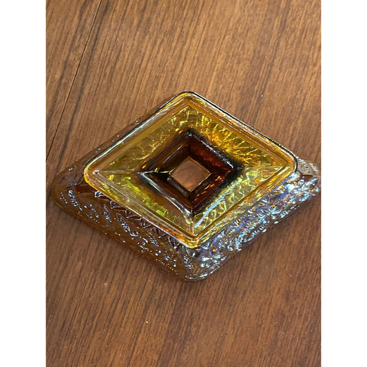 Vintage Indiana Amber Carnival Glass Pedestal Diamond Shaped Candy Trinket Bowl