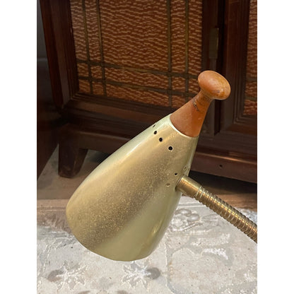 Vintage MCM brass wood gooseneck plug in desk lamp light WORKS