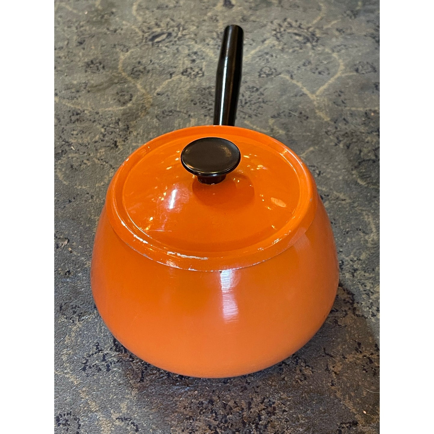 Vintage MCM Mid-Century Modern orange enamel over aluminum lidded fondue pot