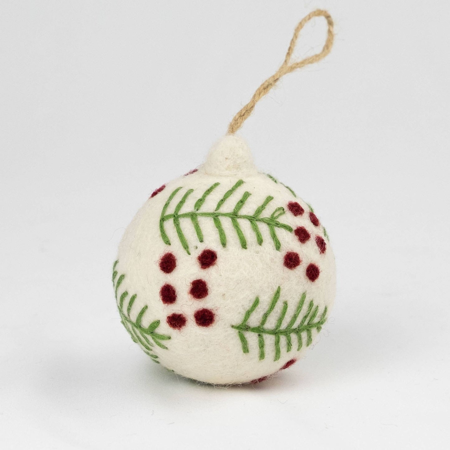 Ornament - Holiday Felt Ball Hand Embroidered White Assorted