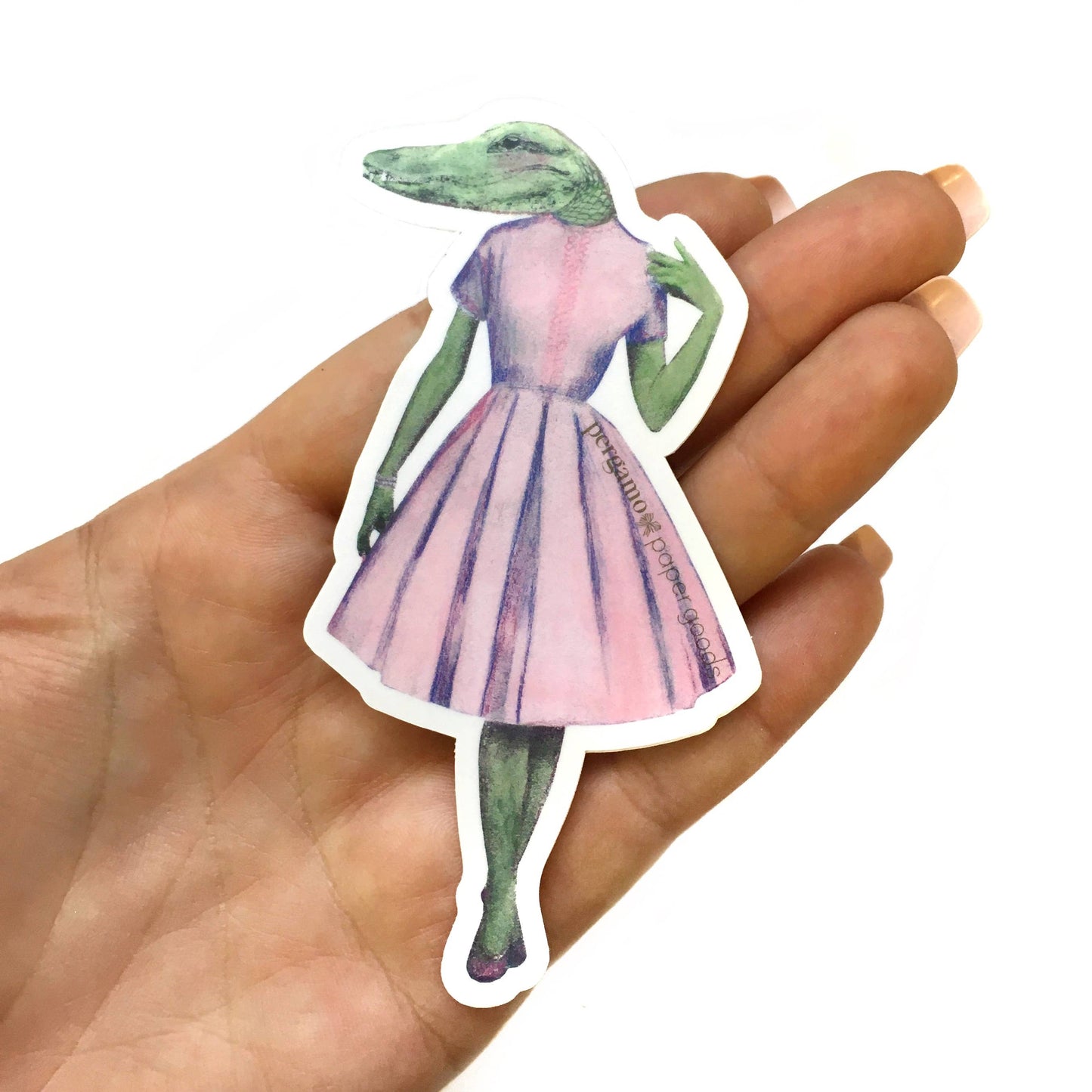 Pink Dress Alligator Lady Illustrated Animal Vinyl Sticker