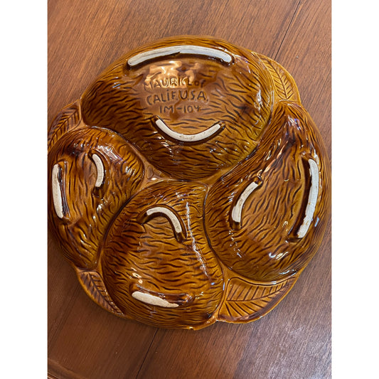 Vintage Maurice USA ceramic pottery 4 leaf divided serving relish dish