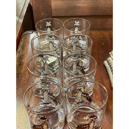 Vintage Culver 22K MCM Mid-Century Modern cat and owl low ball glass set of 8