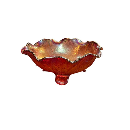 Vintage Imperial Red Iridescent Carnival Acanthus Leaf footed 6.75" bowl