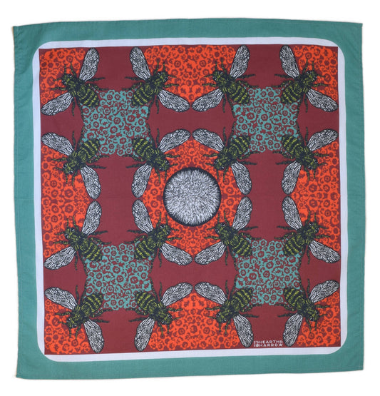 Honeybee Bandana - 100% Cotton - Red and Teal - Hand Printed